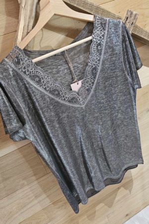 Blouse dentelle brillante - Gris