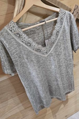 Blouse dentelle brillante - Taupe