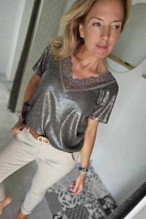 Blouse dentelle brillante - Taupe