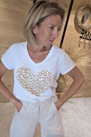 T-shirt Coeur Léopard - Blanc/Camel