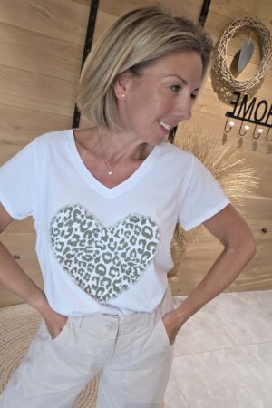T-shirt Coeur Léopard - Blanc/Kaki