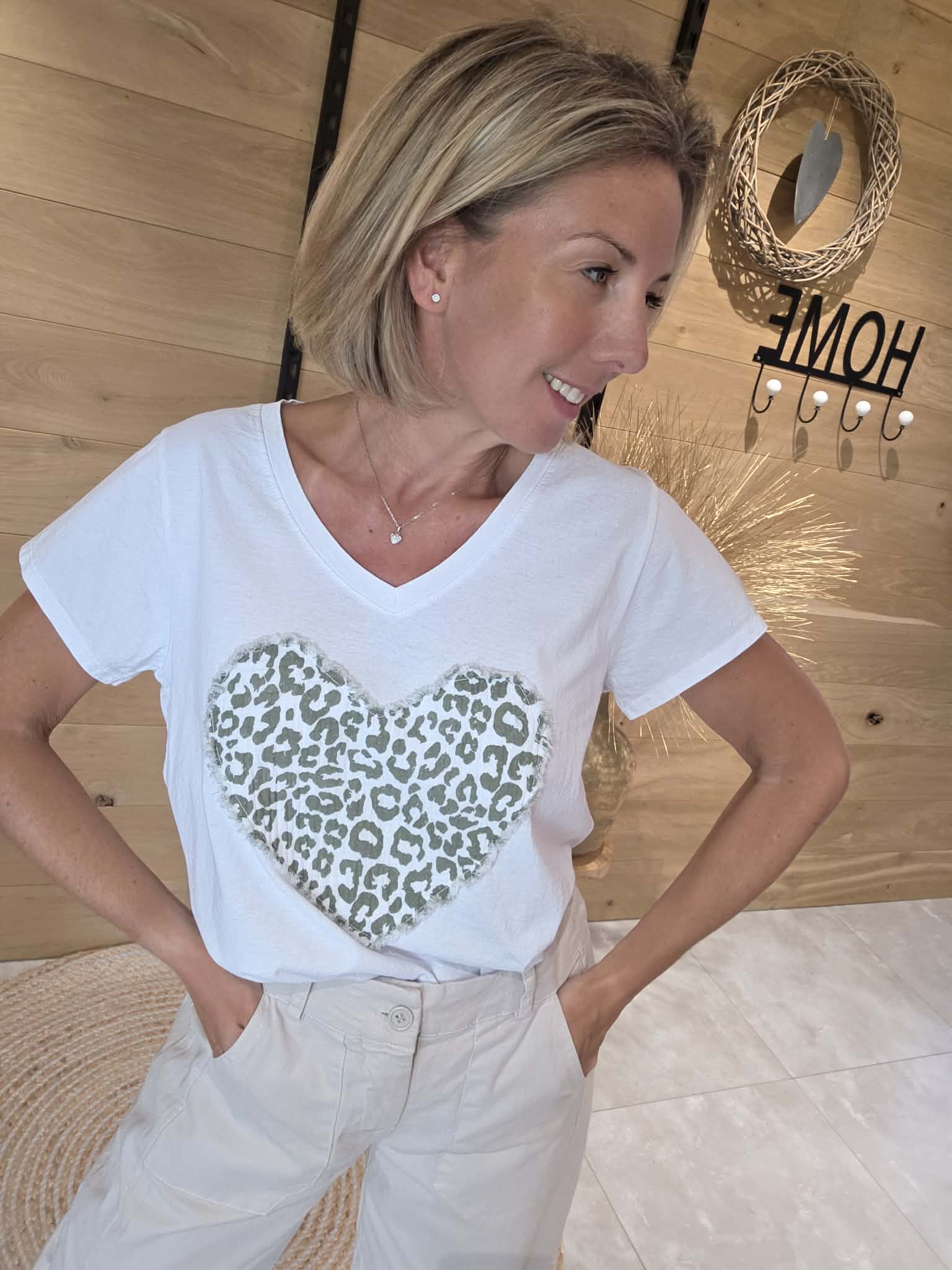 T-shirt Coeur Léopard - Blanc/Kaki