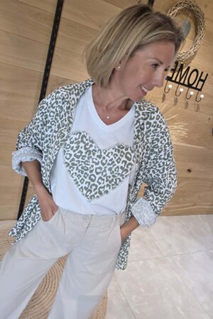 T-shirt Coeur Léopard - Blanc/Kaki