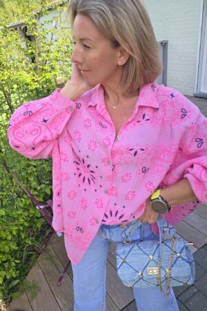 Chemisier gaze de coton imprimée - Rose