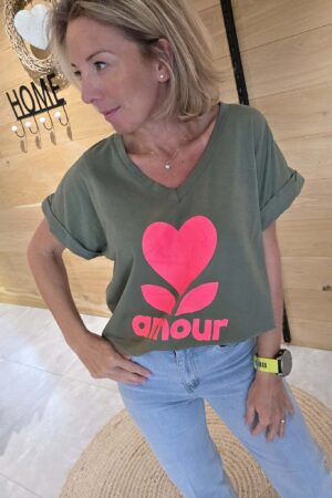 T-shirt amour - Kaki/Rose