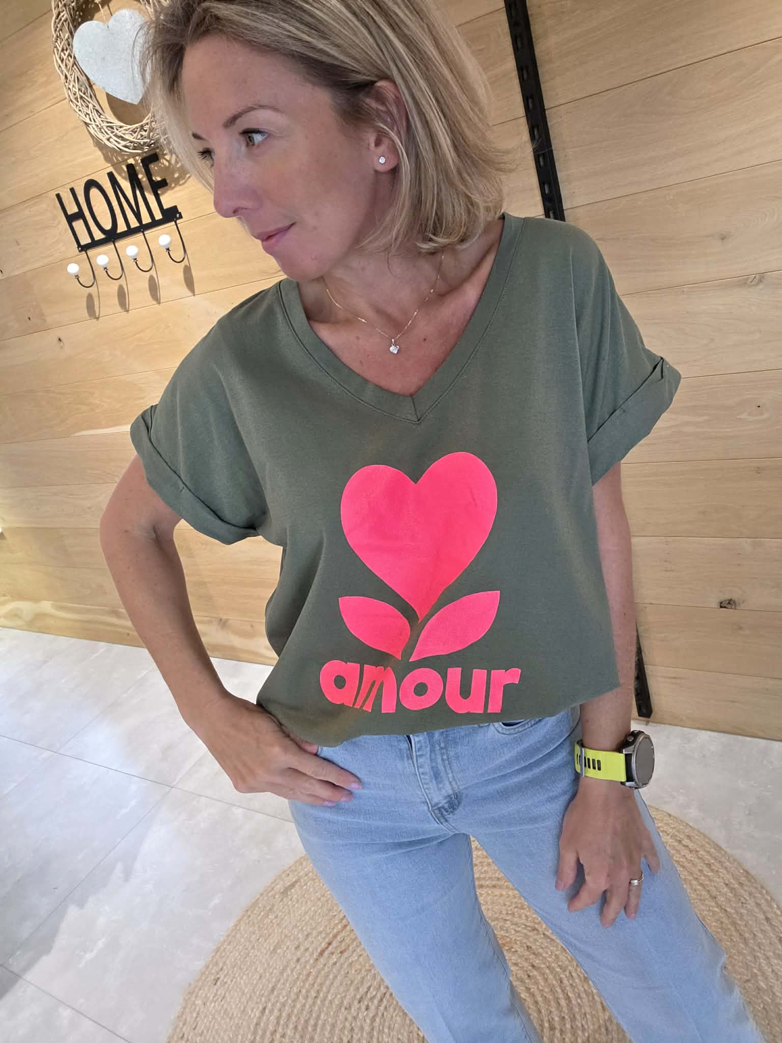 T-shirt amour - Kaki/Rose