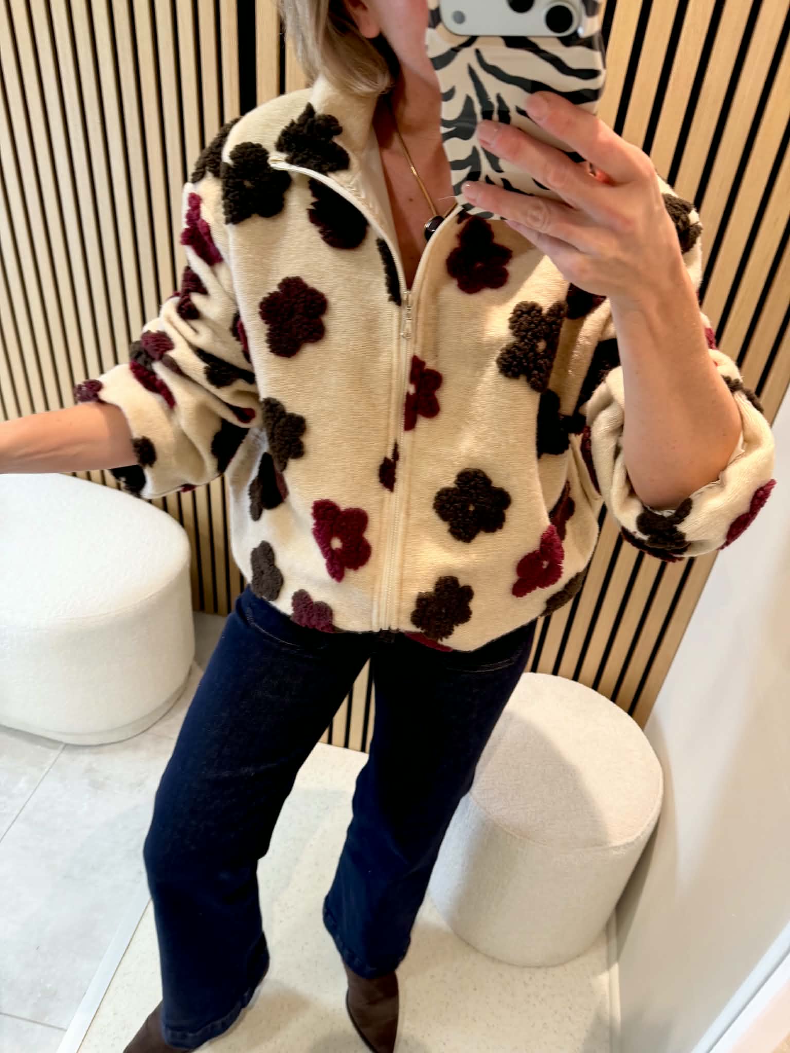 Polaire zippé fleuri - Beige
